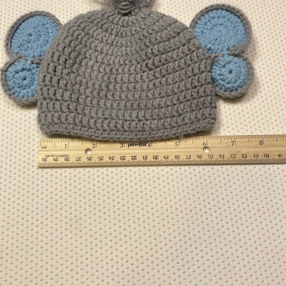Handmade Knit Crochet Whimsical Elephant Baby Infant Beanie Cap Hat Gray Blue OS